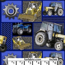 Tractors Machinery Patchwork Blue Cotton